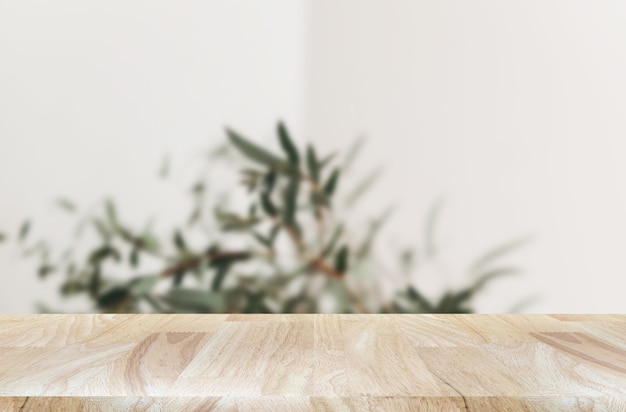 green leaves plant studio background with smooth wooden table product display backdrop