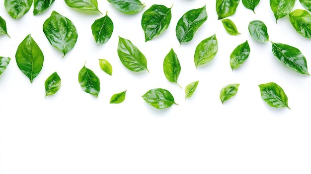 Green leaves scattered on white background