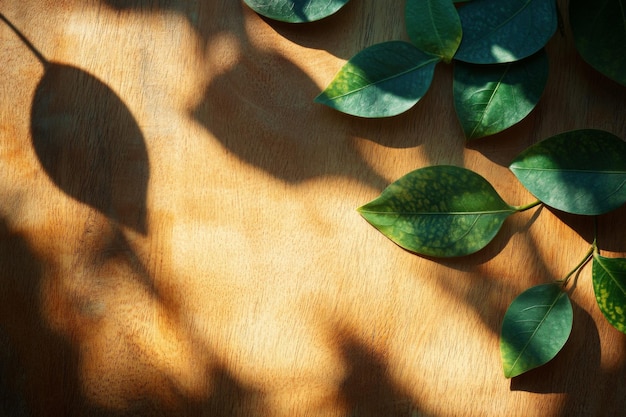 Green Leaves and Shadows on a Wooden Surface