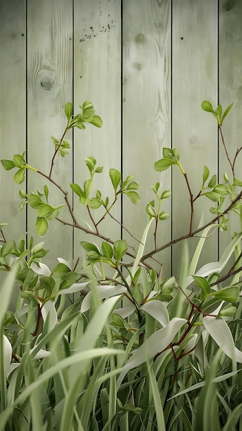 Photo green leaves on twigs sward and wooden planks background