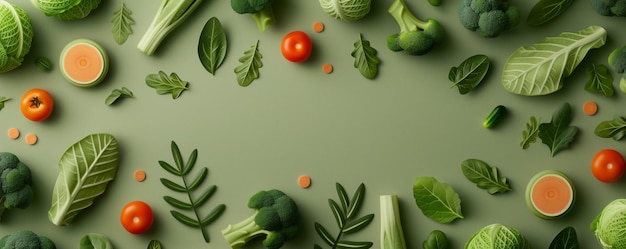 Photo green leaves veggies in a minimalist pattern on green background