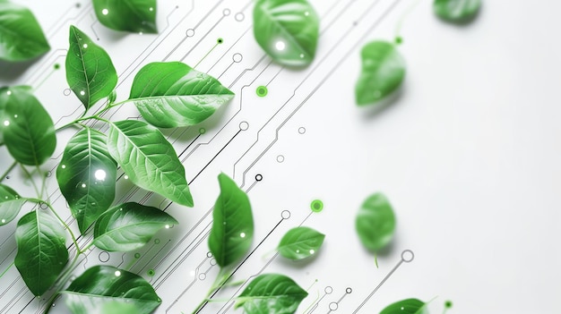 Green leaves on white copyspace background combining new technologies and natural healthcare medical