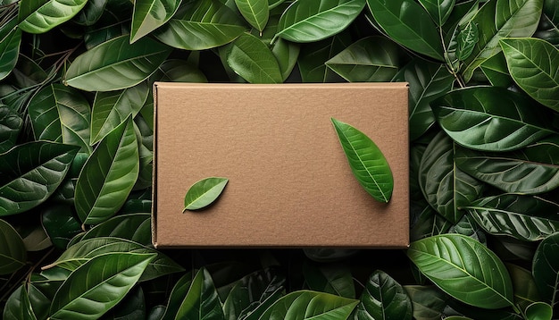 Green leaves with box copy space generated by AI