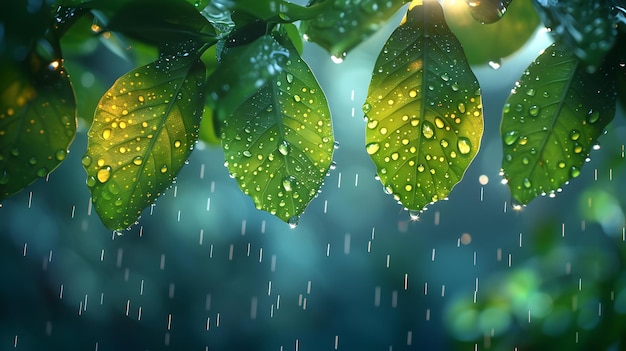 Photo green leaves with rain drops realistic image