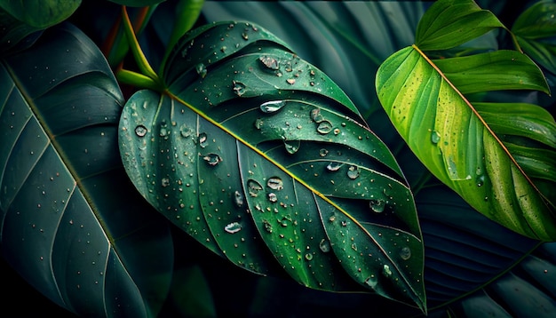 A green leaves with water droplets on them.