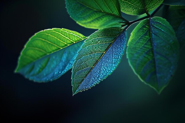 Green leaves with water drops on dark background Shallow depth of field