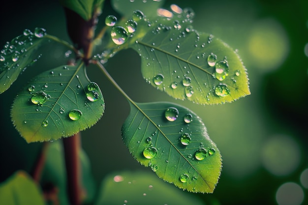 Green leaves with water drops in the morning. Beautiful nature background.