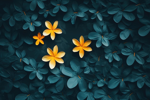 green leaves with yellow flowers dark teal color and light orange minimalist color backdrop