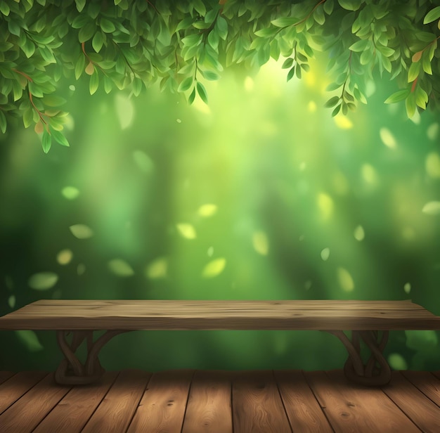 green leaves wooden desk background summer