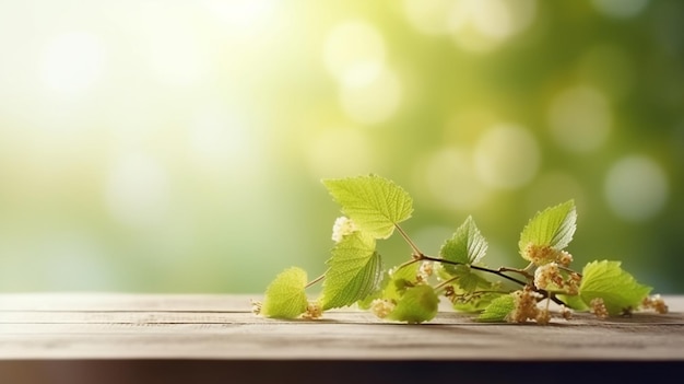 Green leaves on a wooden table Blurred backgroundgenerative ai