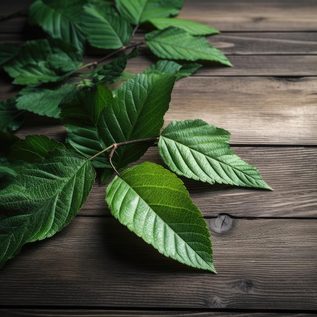 Green leaves on a wooden table generative ai