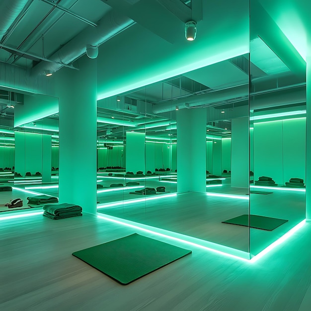 Green LED Lighting in a Yoga Studio with Mirrors