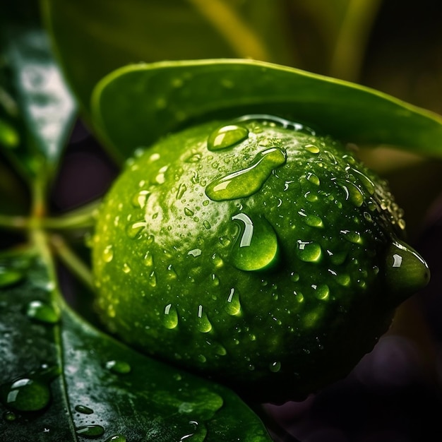 A green lemon with water droplets on it