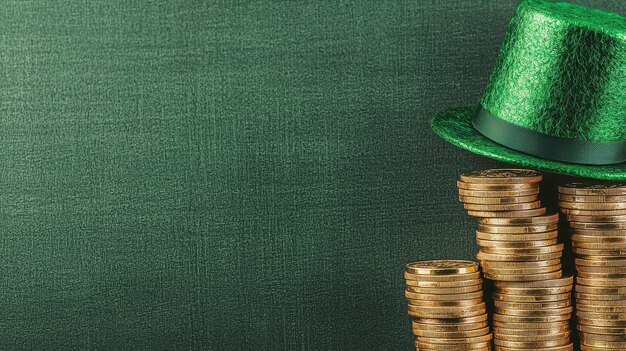 Photo green leprechaun hat over stacks of gold coins on green background