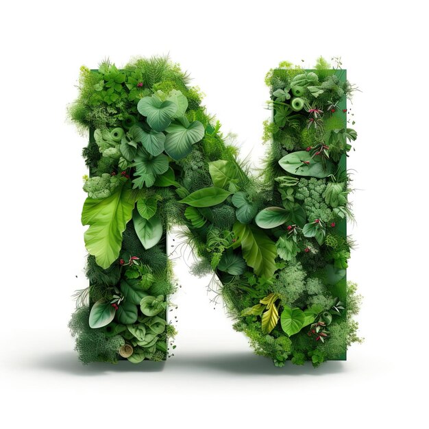 green letter n made with leaves of plants set in background