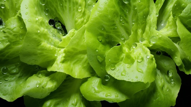 Photo green lettuce salad leaves and water drops close up image neural network ai generated