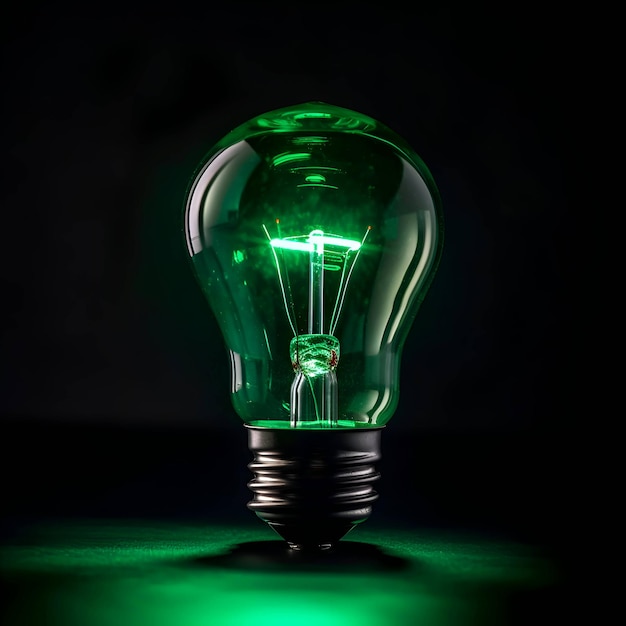 Green light bulb on a black background with copy space 3d rendering