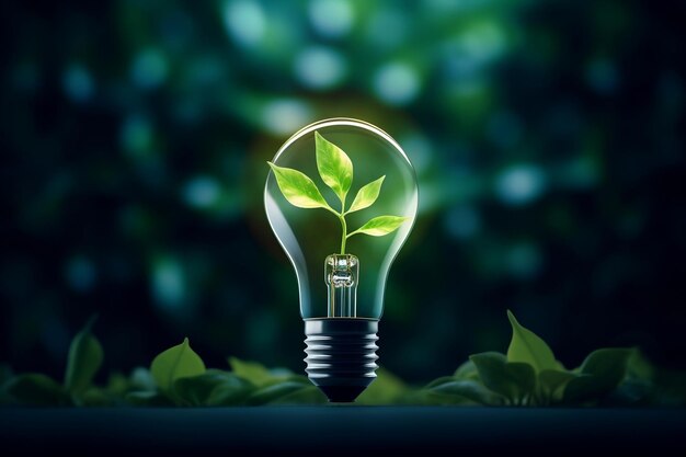 Green Light Bulb with Leaves and Natural Background Generative AI