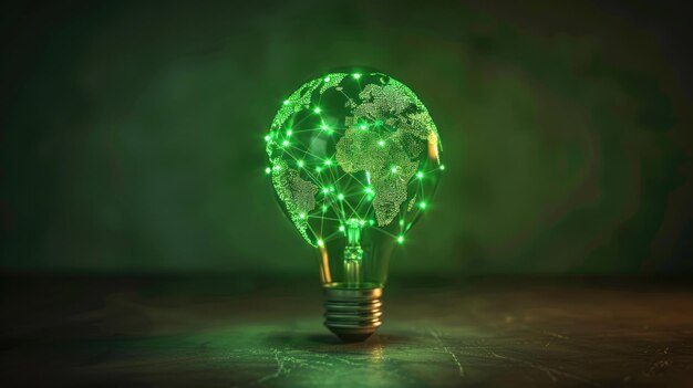 Photo green light bulb with world map symbol of renewable energy on green background ai generated image