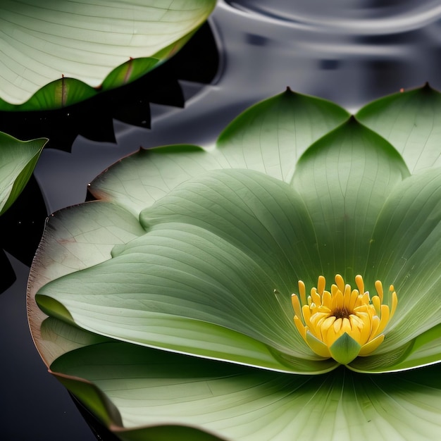 A green lily pad with a yellow flower in it