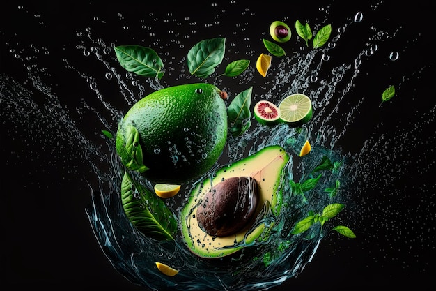 Green limes and avocado in water droppeddesign element and advertising