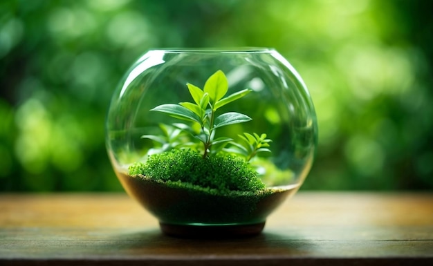 Green little plants in a glass jar on wooden floor