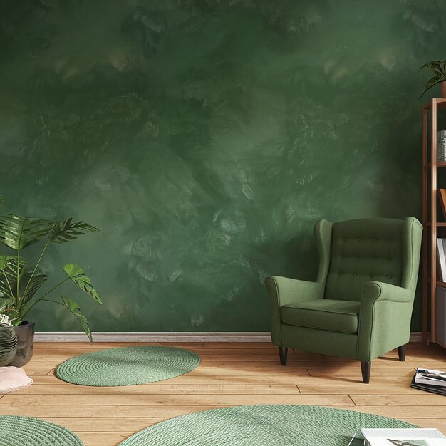 Green living room interior with armchair and green wall background