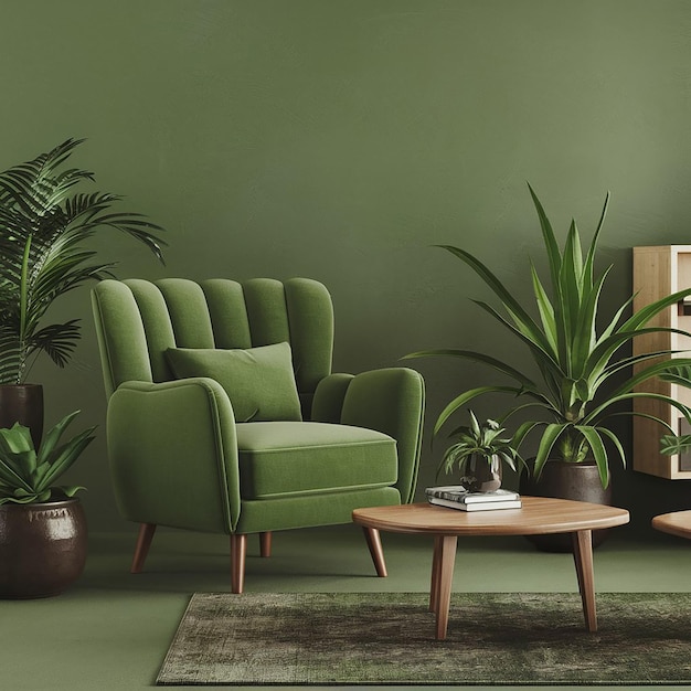 Green living room interior with armchair and green wall background