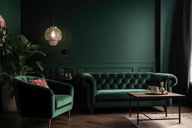 A green living room with a dark green sofa and a lamp hanging from the ceiling.