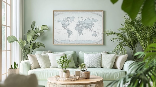 Green Living Room with World Map Wall Decor and Plants