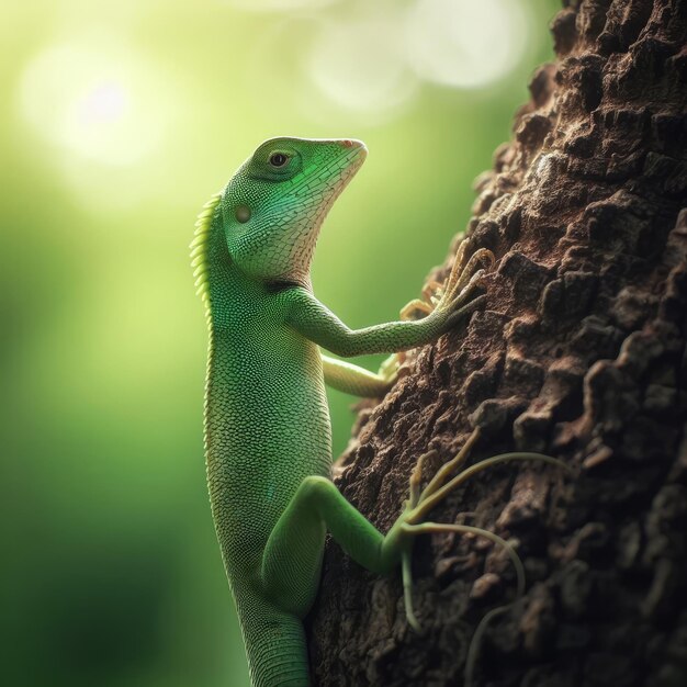 green lizard on a branch in the forest