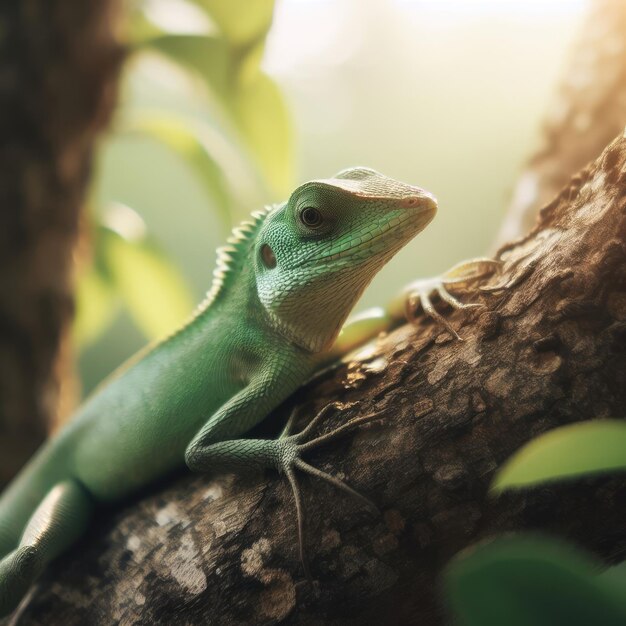 green lizard on a branch in the forest