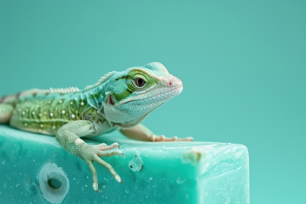 Photo a green lizard is laying on a blue soap bar