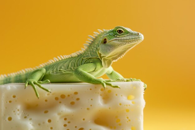 Photo a green lizard is laying on a soap bar