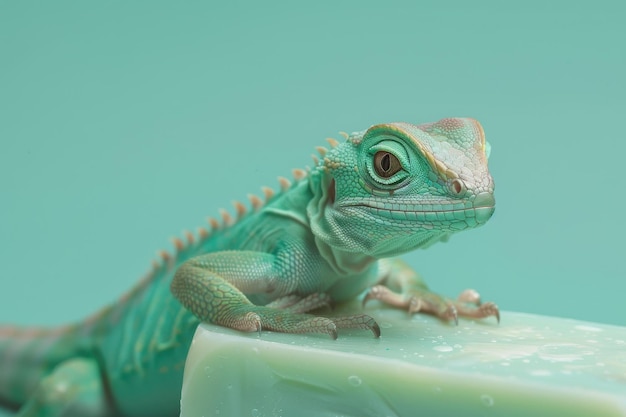 Photo a green lizard is laying on a soap bar