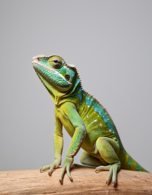 a green lizard with blue and green colors on its head