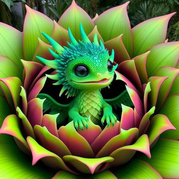 a green lizard with a green head sits in a flower