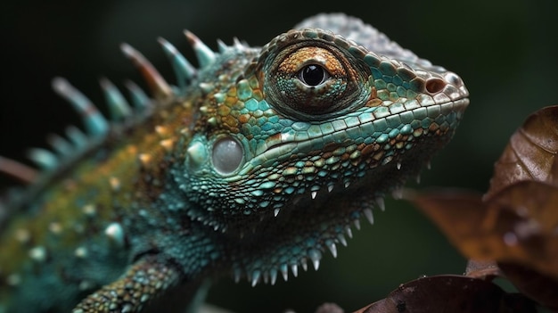 A green lizard with a red eye and a green head.