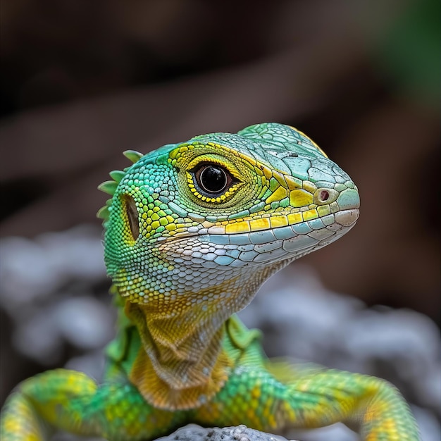 a green lizard with yellow and blue colors on its face