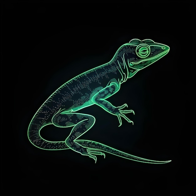 A green lizard with a yellow eye sits on a black background.