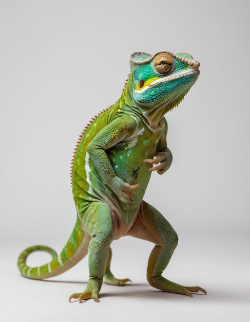 a green lizard with a yellow nose and a black eye