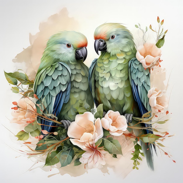 Green Lovebirds in a Heartshaped Nest Watercolor Clipart