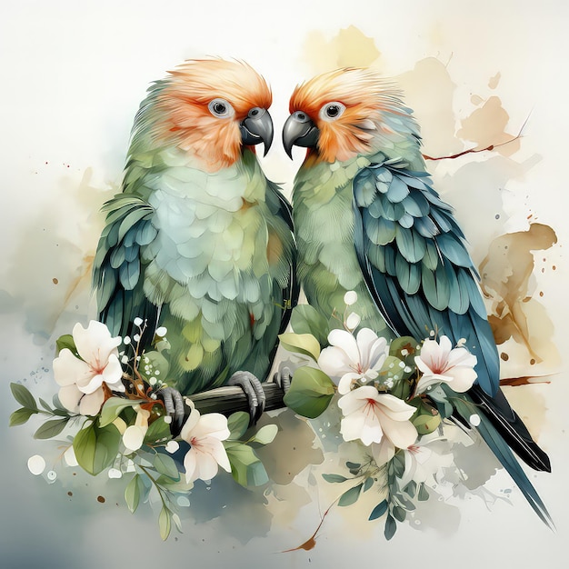 Green Lovebirds in a Heartshaped Nest Watercolor Clipart