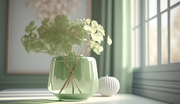 Green luxury flowers in glass vase Illustration AI Generative