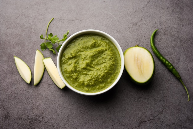 Green mango chutney, also known as raw mango chutney, is an Indian chutney prepared from unripe mangoes