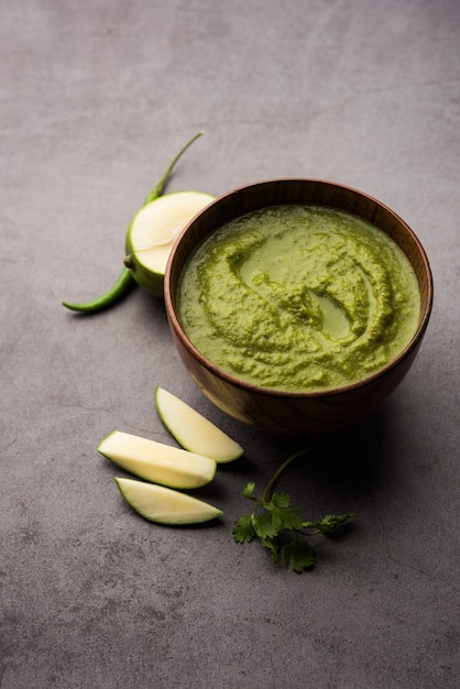 Green mango chutney, also known as raw mango chutney, is an Indian chutney prepared from unripe mangoes