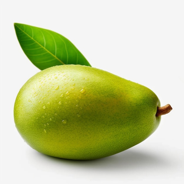 A green mango with a leaf on it