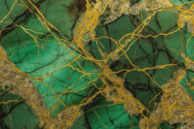 A green marble with gold roots and roots