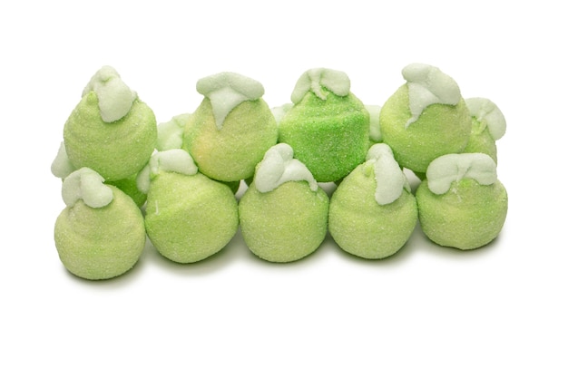 Green marshmallow candy isolated on white background