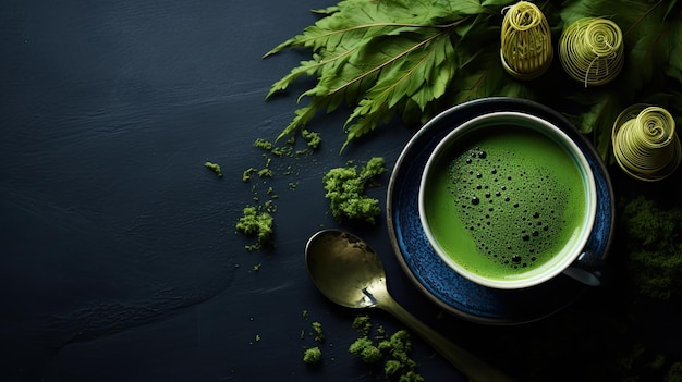 Green matcha drink flat lay background